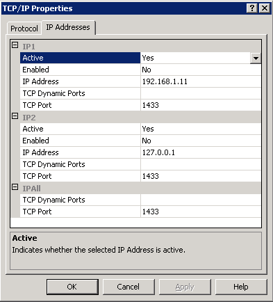 Port settings in SQL Server Configuration Manager