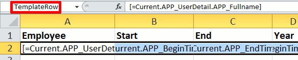 Set the name of the cells with the TCQL formulas to TemplateRow.