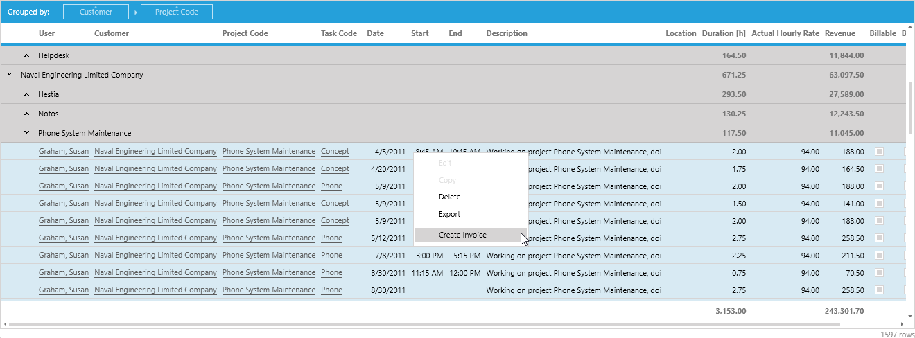 Unbilled time sheet entries