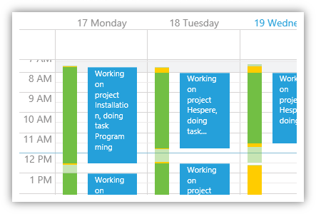 The calendar helps you to easily book your time. Green and yellow bars indicate booked and unbooked time.