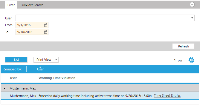 Screenshot listing of working time violation.