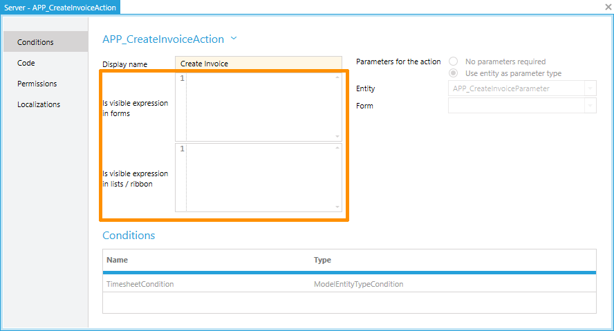 Configure the visibility of actions