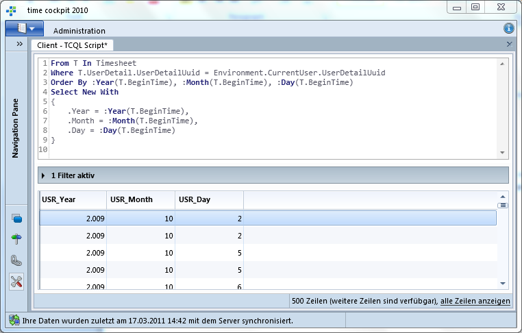 selecting year, month and day from timesheets in TCQL