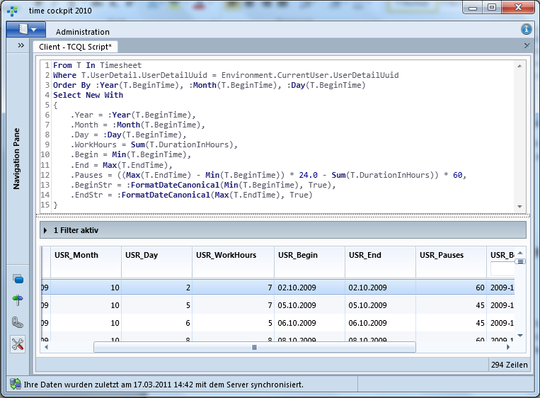 time cockpit TCQL calculating work time per day and the pauses in between